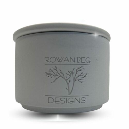 White concrete pot with lid for soy wax candle by Rowan Beg Design Studio
